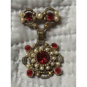 Antique Festoon Brooch- Red Glass, Rose Gold Tone, Faux Pearls, C Clasp, Mexico